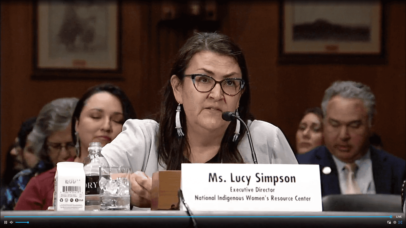 Lucy Simpson, executive director of the National Indigenous Women’s Resource Center, testifies at a Senate oversight hearing examining federal programs that serve Native Americans, May 14, 2025. (Photo credit: screen grab)