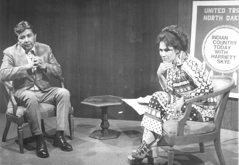The late Harriett Skye on the set of Indian Country Today, a TV talk show she hosted from 1973-1984. Skye interviewed local, regional and national leaders on contemporary news and events making her one of the few talk show hosts in Native media history.  PHOTO COURTESY DENNIS NEUMANN