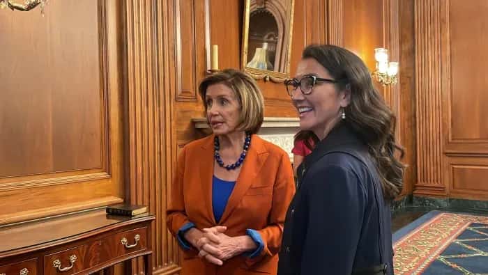 Speaker of the House Nancy Pelosi and Rep. Mary Peltola chat before the ceremonial swearing-in at the Rayburn Room of the U.S. Capitol on Tuesday, Sept. 13, 2022. (Photo by Pauly Denetclaw, ICT)