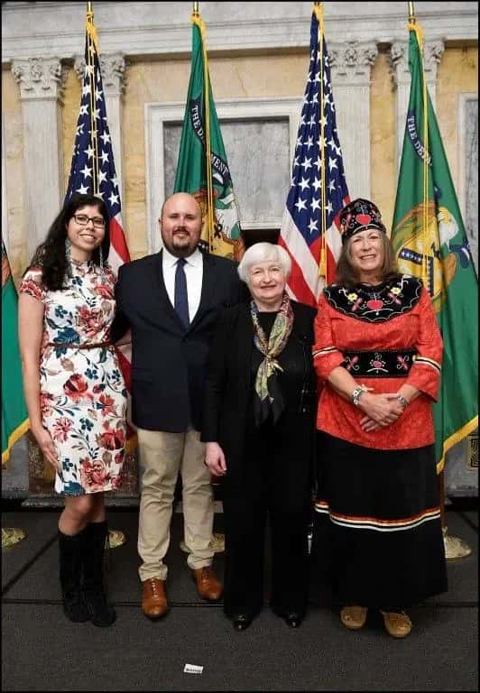 Fatima Abbas, Haliwa Saponi, Josh Jackson, Cherokee, Treasury Secretary Janet Yellen, and U.S. Treasurer Chief Lynn Malerba, Mohegan Tribe, during the swearing-in ceremony of Malerba last year. (Photo courtesy of the U.S. Treasury)