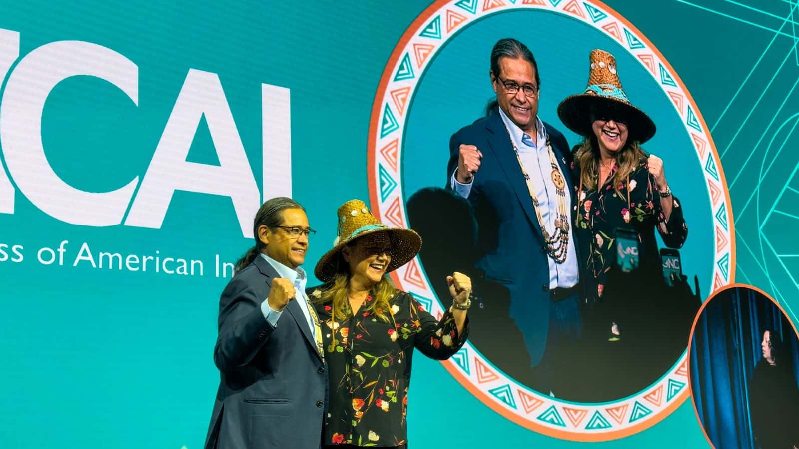 National Congress of American Indians President Mark Macarro, left, poses with Fawn Sharp, the organization’s immediate past president, at NCAI’s 80th annual convention in New Orleans, Louisiana, on November 17, 2023. Photo by Indianz.Com (CC BY-NC-SA 4.0)