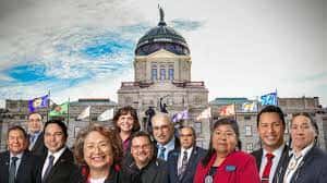 The 2023 Montana Legislature includes 11 Native American lawmakers. From left-to-right: Sen. Mike Fox, Rep. Tyson Running Wolf, Sen. Shane Morigeau, Sen. Susan Webber, Rep. Rhonda Knudsen, Sen. Jason Small, Rep. Frank Smith, Rep. Marvin Weatherwax, Rep. Sharon Stewart Peregoy, Rep. Donavon Hawk and Rep. Jonathan Windy Boy. (Photo-illustration by Stephanie Farmer, Montana Free Press. Montana Capitol photo by Eliza Wiley, Montana Free Press)