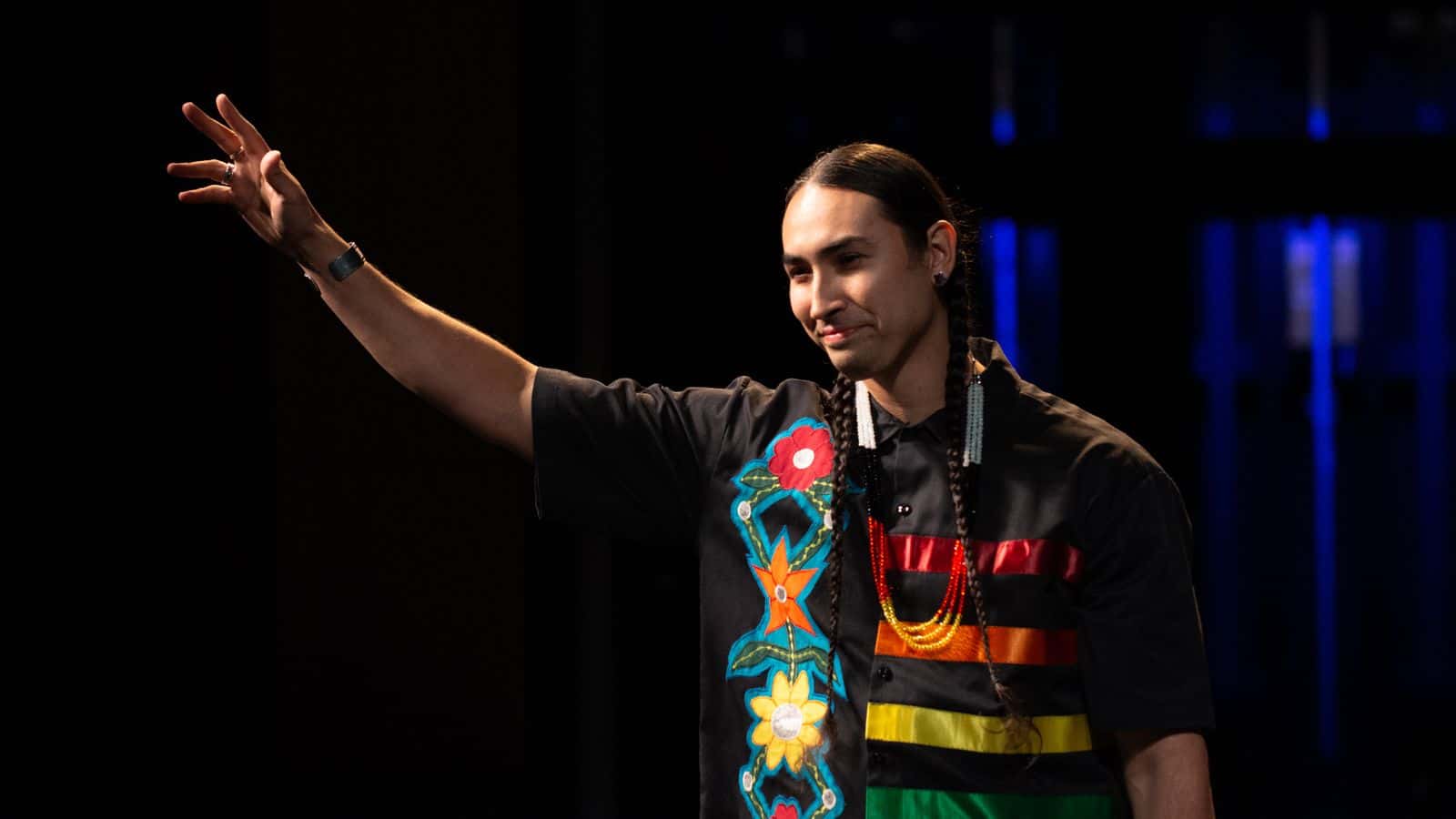Diné, Oglala Lakota and Omaha Comedian Tatanka Means opens his set at NSO Entertainment’s third sold-out Native Comedy Jam Saturday, Feb. 5, 2022, at the Performing Arts and Event Center in Federal Way, Wash. Means was named The National Indian Gaming Association’s Entertainer of the Year for 2018 and will be playing John Wren in the Martin Scorsese film “Killers of the Flower Moon” set to release this year. (Natasha Brennan/McClatchy)

