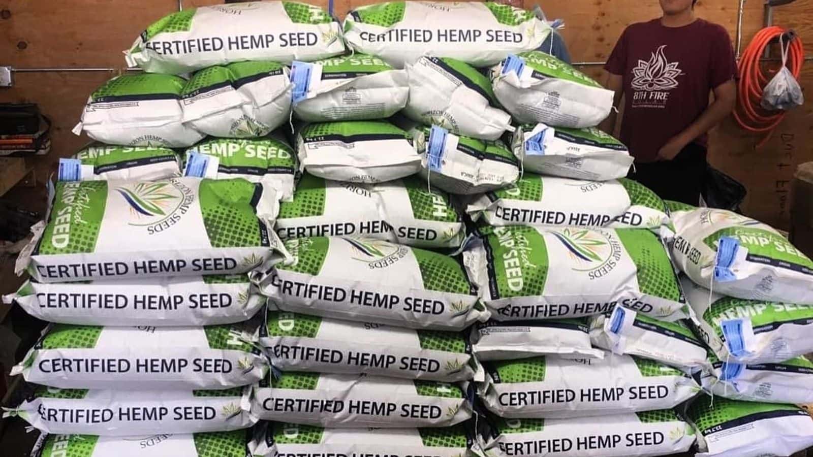 Workers at Winona’s Hemp and Heritage Farm pose with seeds for fabric, food, oil, and building  material. Photo Courtesy of Winona’s Hemp and Heritage Farm