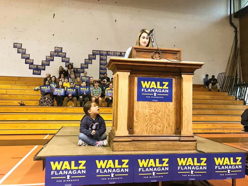 Rep. Peggy Flanagan speaking at a campaign event. She Tweeted: "My fave photo from our kickoff. I'm running for my little girl and all girls who deserve to be seen, heard and valued." (Photo via Twitter)