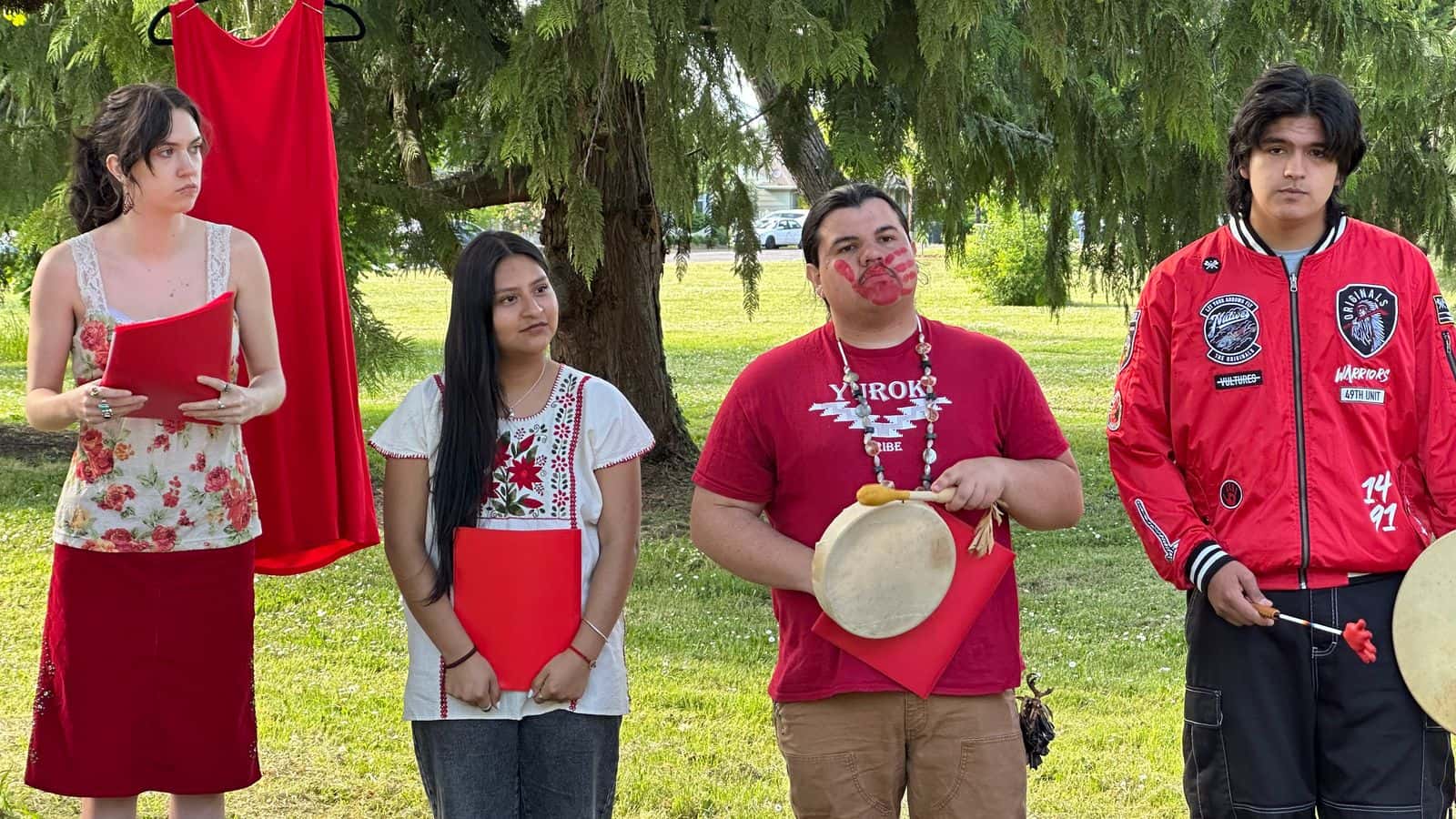 Isla Montgomery, Ninel Bautista Sanchez, Pachomio Feliz and Te'e Phillips Brown were among more than a dozen organizers and Native students from the University of Oregon who recited poems by Indigenous people at the fifth annual Poetry in the Park event, May 7, 2025.