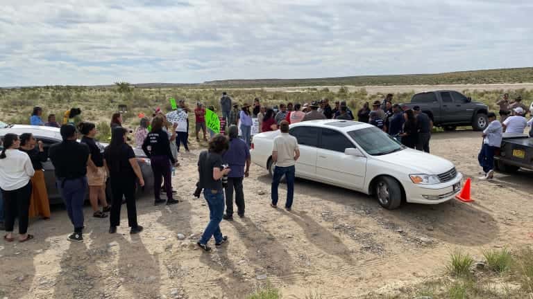 A group of Navajo landowners protesting against the buffer zone around Chaco Canyon confront activists near a road block on County Road 7950 east of Chaco Culture National Park on Sunday, June 11, 2023. (Aliyah Chavez, ICT)