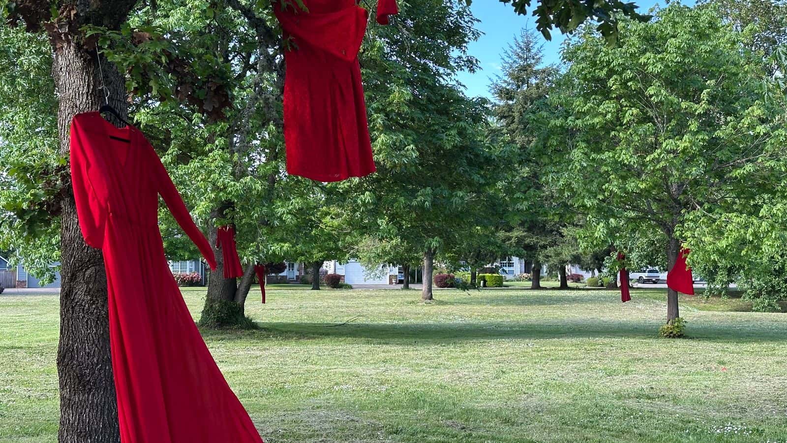 Red dresses hang from trees in Heron Park, Springfield, Oregon, during a May 7, 2025, poetry event commemorating missing and murdered Indigenous girls and women. (Photo credit: Brian Bull)