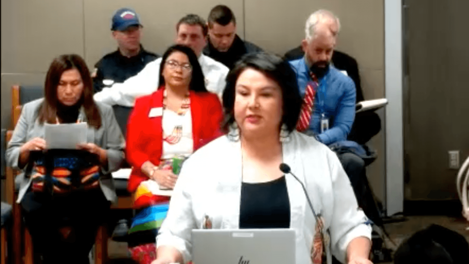 Rep. Jayme Davis, Turtle Mountain Band of Chippewa, speaks during a legislative hearing on bills addressing missing and murdered Indigenous people in North Dakota at the House Judiciary Committee on Tuesday, Feb. 4, 2025. (Screen grab from the North Dakota Legislature)