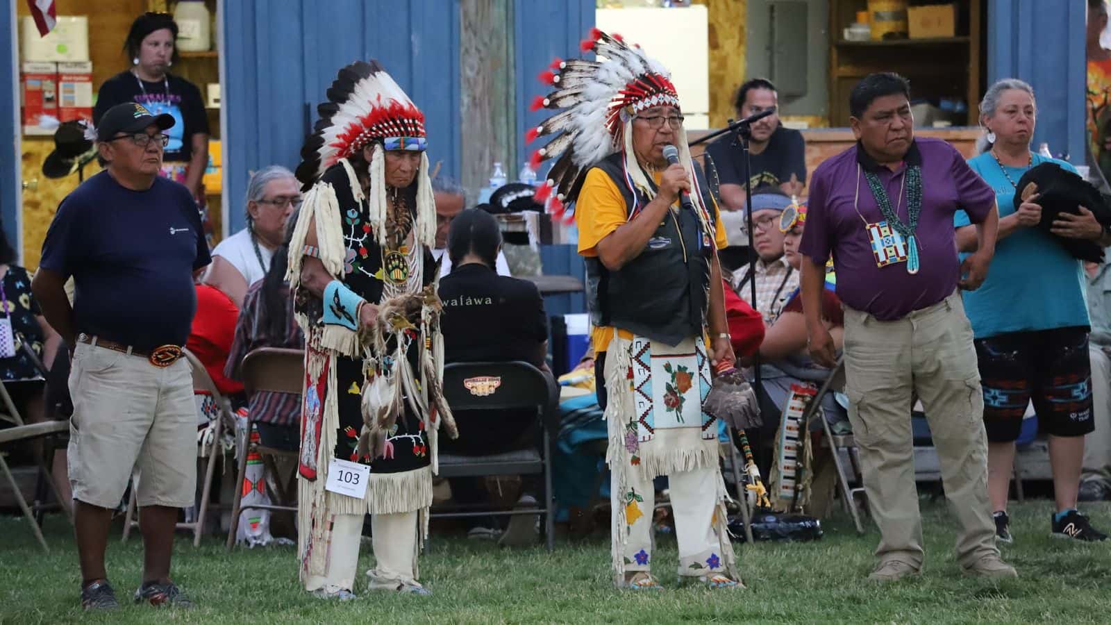 "Veterans open the Saturday pow-wow for the 2023 Tamkaliks Celebration in northeast Oregon. From L to R: Gerry Sampson, Confederated Tribes of Warm Springs; Steve Reuben, Nez Perce; Soy Redthunder, Joseph Band Nespelem (aka Colville Tribe); Thomas Morning Owl, Confederated Tribes of the Umatilla Indian Reservation."  (Photo Credit: Brian Bull)