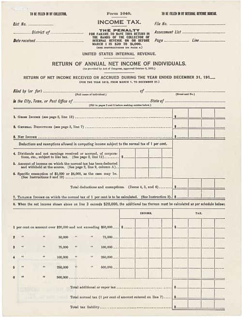 Original federal tax return in 1913.