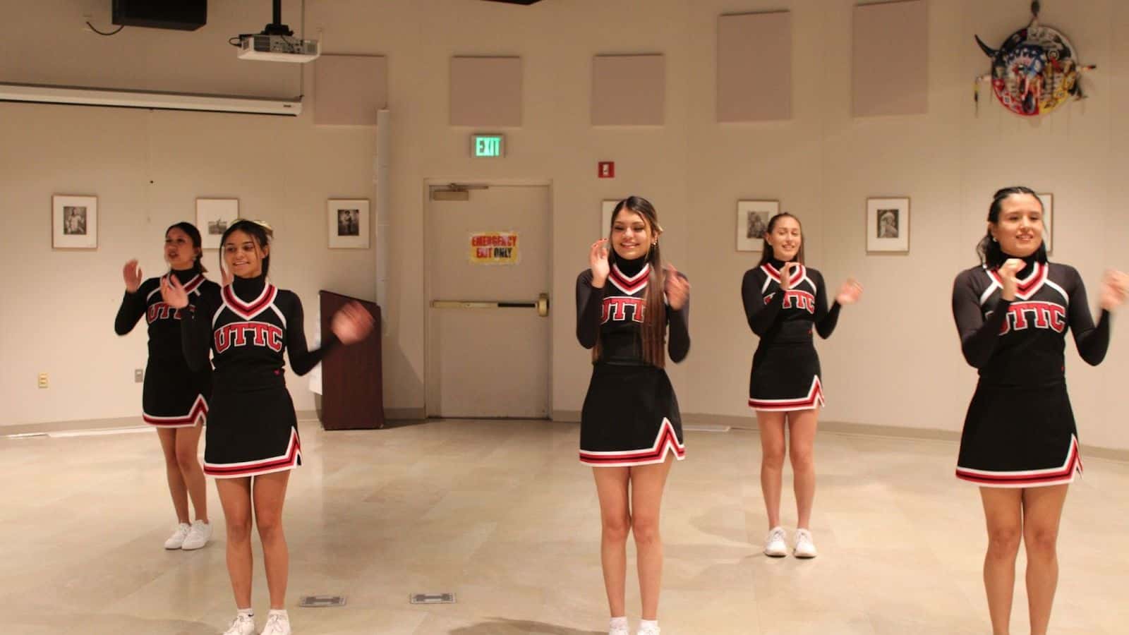 The UTTC Thunderbird Cheer Team wore their uniforms for the first time during practice on Nov. 5. Pictured are five of the six team members: Jada Kuntz, Abrielle Weasel, Hailey Eagleman, Dominique Miner and Selena Silk. Not pictured is Valerie Janis. (Photo credit/ Adrianna Adame)