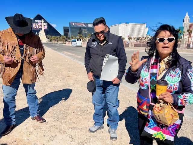 Todd Hall, left, Ron Brugh and Carol Good Bear, pictured in Buffalo's Fire file photo in Las Vegas, April 4,  2023. Photo Credit/Jodi Rave Spotted Bear, Buffalo's Fire