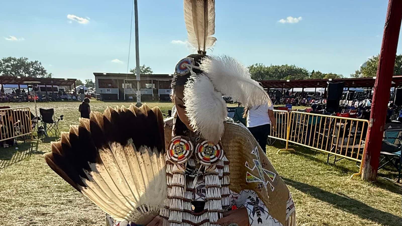 Tosha McCloud, first place teen girls traditional dancer at the 55th UTTC International Powwow, wears a Russwear dentalium breastplate made for her by her dad, Russell McCloud, Bismarck, North Dakota, Saturday, Sept. 6, 2025.