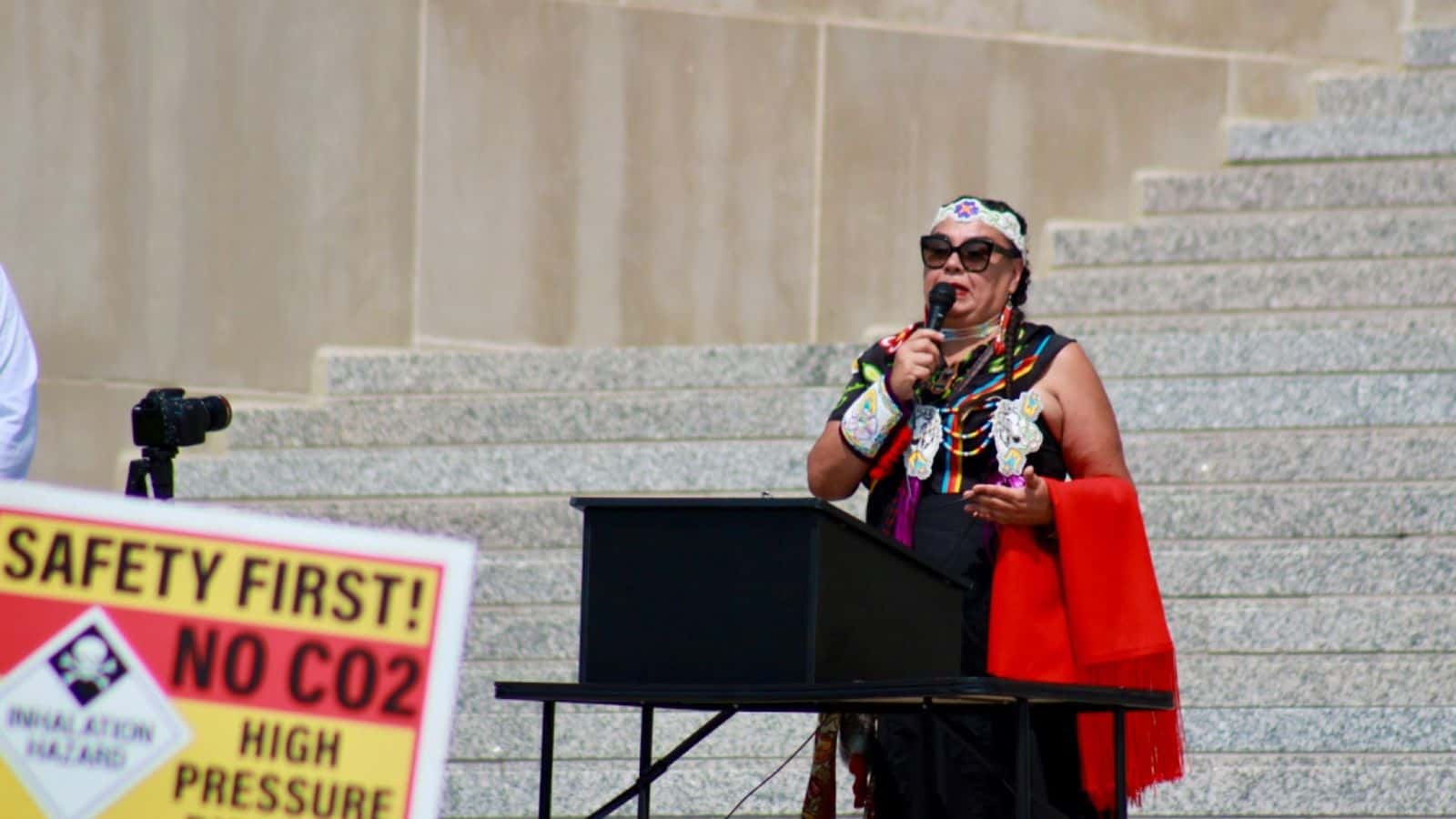 Tracey L. Wilkie, member of the Turtle Mountain Band of Chippewa, calls for North Dakota to focus on wind and solar sources of renewable energy. (Photo credit/ Grace Fiori)
