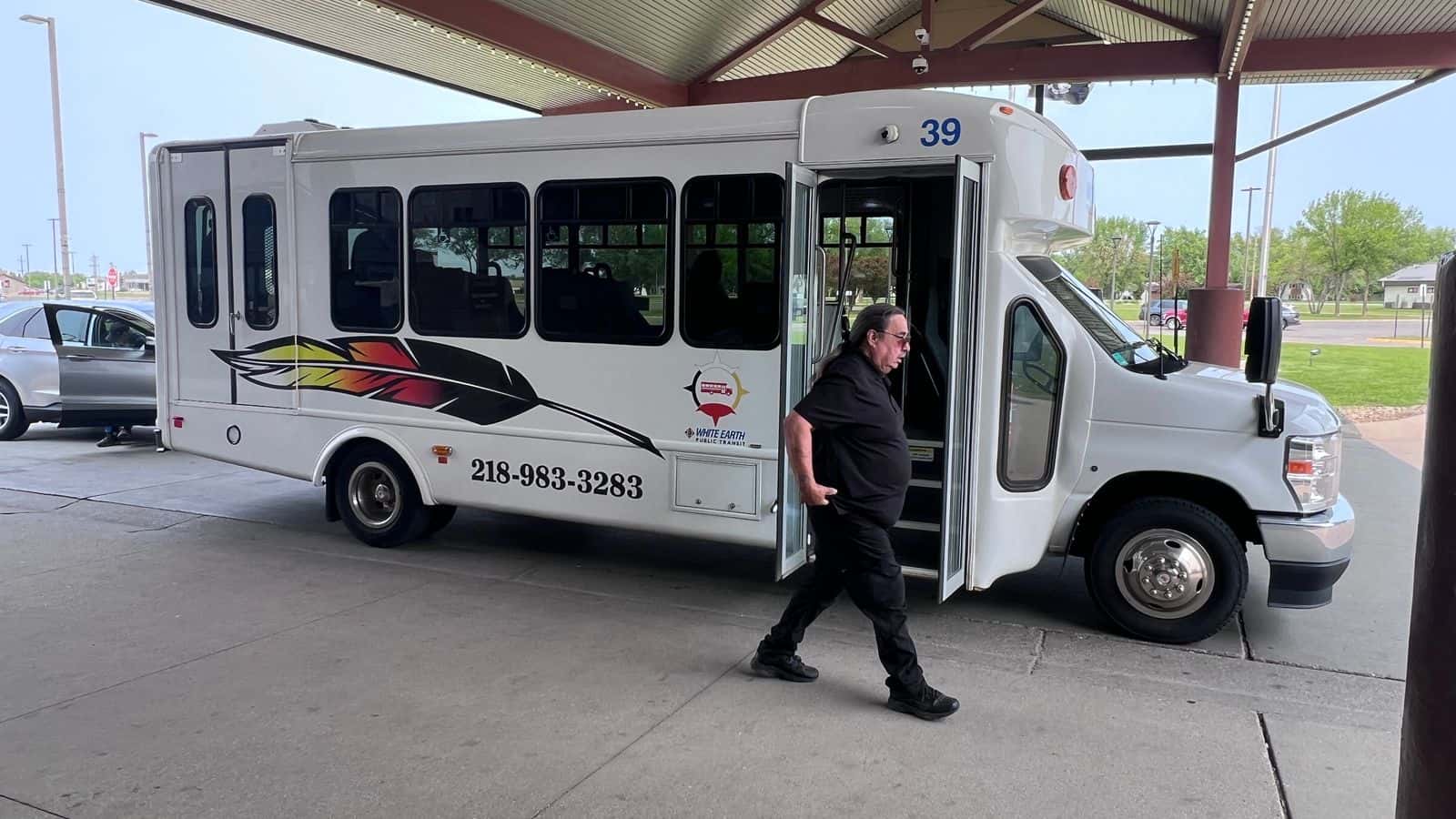 A White Earth public transit bus picks up passengers at the Shooting Star Casino on Friday, May 30.