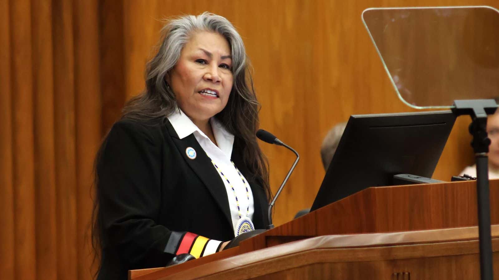 Standing Rock Sioux Tribe Chair Janet Alkire delivers the Tribal-State Relationship address during a joint session of the Legislature on Jan. 7, 2025. (Michael Achterling/North Dakota Monitor)
