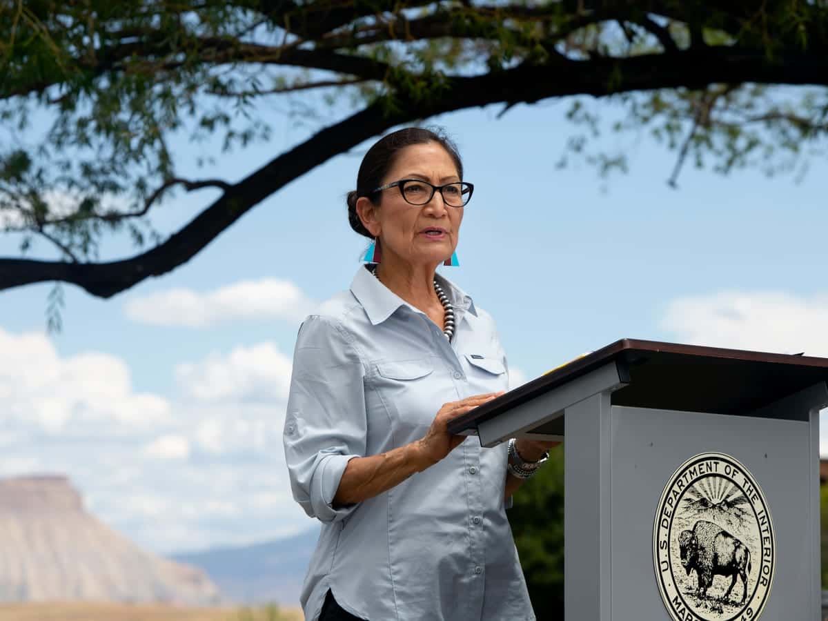 Interior Secretary Deb Haaland visits the Grand Junction Air Center Complex on Friday to discuss her agency's response to wildfires and the Bureau of Land Management headquarters move to Grand Junction on Friday, July 23, 2021, in Grand Junction, Colo. (McKenzie Lange/The Grand Junction Daily Sentinel via AP)