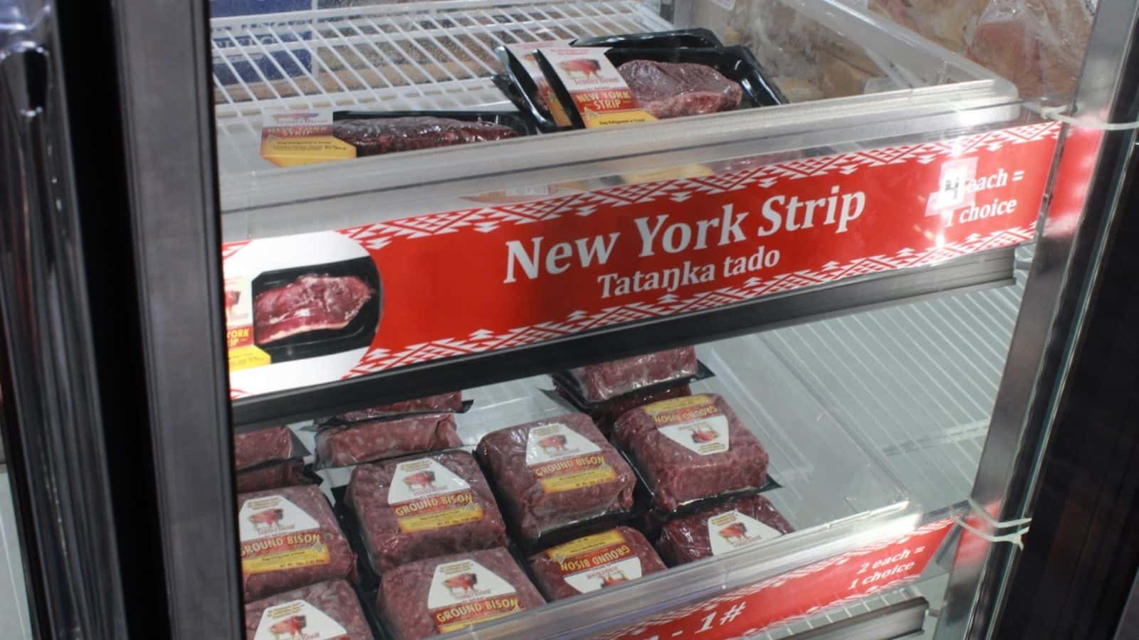 Tribally-sourced bison meat stocked at the commodity food distribution center in Fort Totten, ND. (Photo credit/ Grace Fiori)