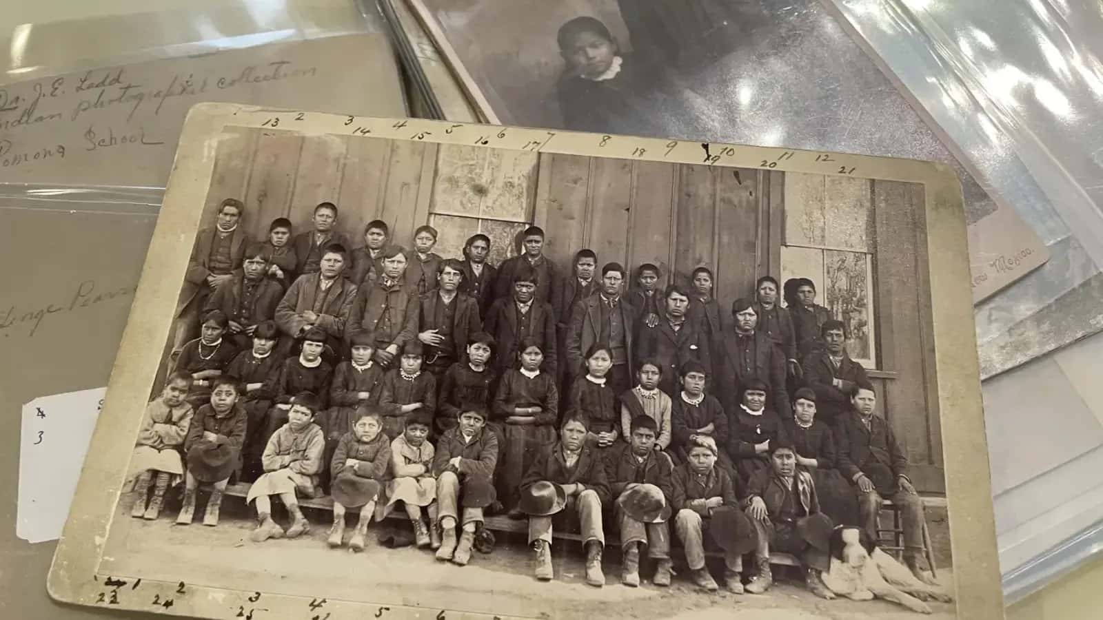 A photograph archived at the Center for Southwest Research at the University of New Mexico in Albuquerque shows a group of Indigenous students who attended the Ramona Industrial School in Santa Fe.
(AP Photo/Susan Montoya Bryan)