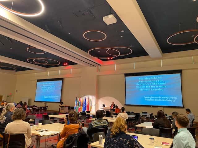 Kathryn Shanley speaks at the beginning of the Boarding Schools Symposium held at the University of Montana on Sept. 30, 2022 (Photo by Kolby KickingWoman, ICT)