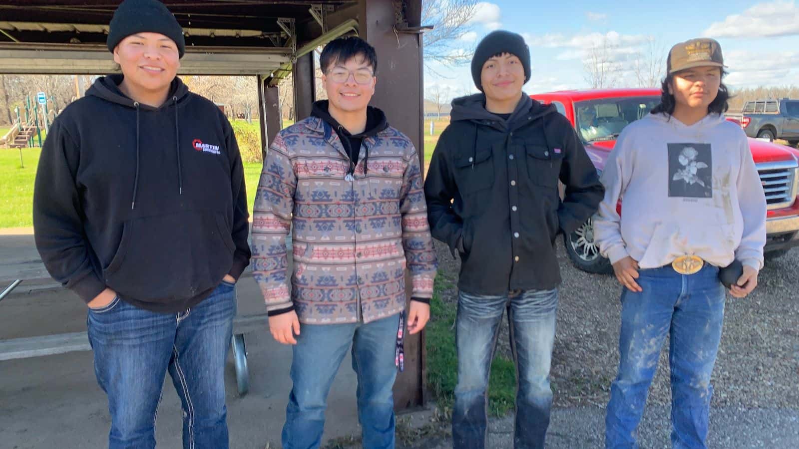Renzo Bullhead’s brothers, Jazz, Rayden, Tyler and Scooter, attend the search, Fort Rice, North Dakota, Thursday, Oct. 30, 2025. (Buffalo’s Fire/Jolan Kruse)