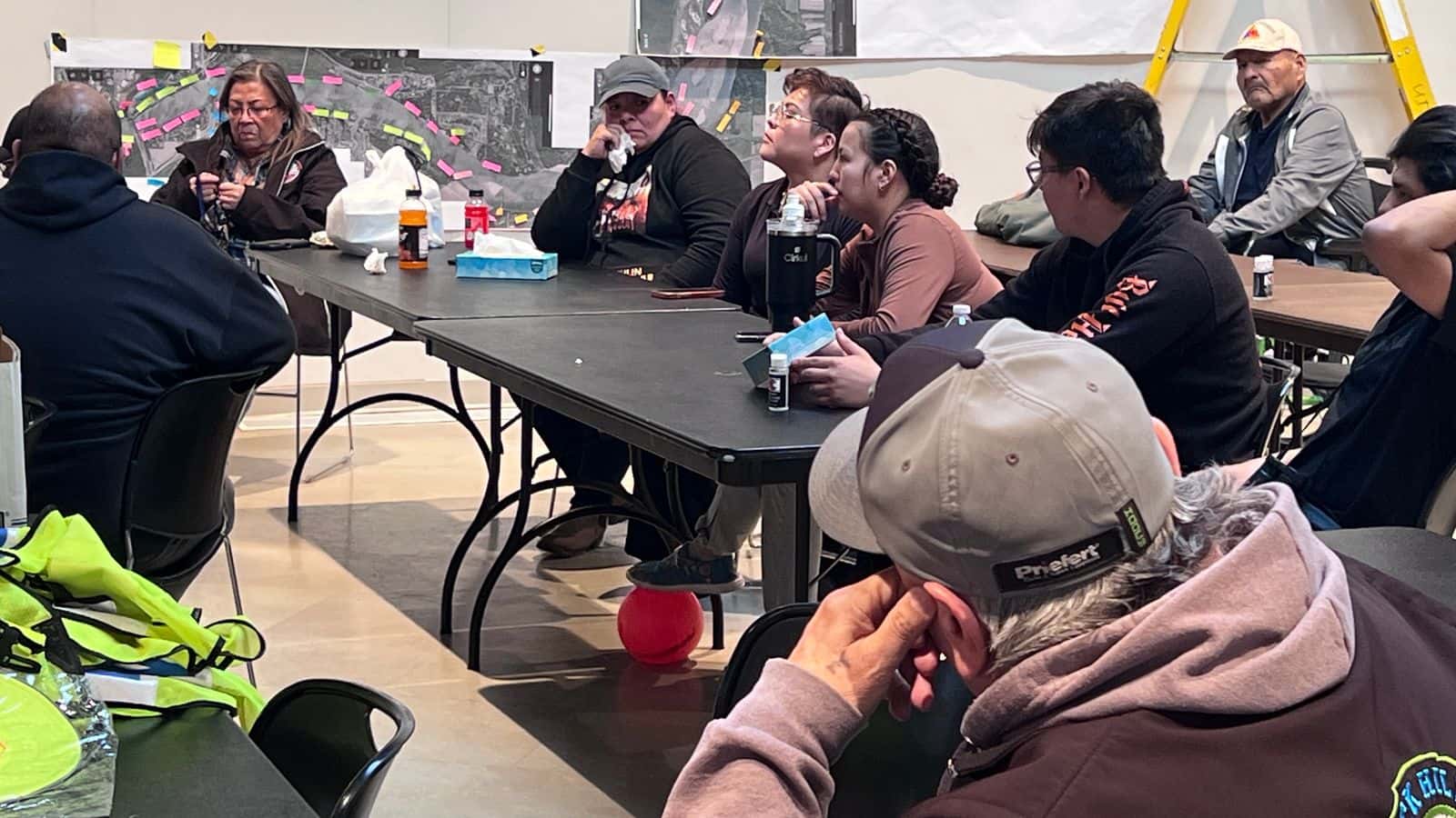 The family of Renzo Bullhead, 20, and the Native community gather for a daily 6 p.m. briefing on Tuesday, March 24, 2025. Volunteers have been searching along the Missouri River for Bullhead who was last seen on a train bridge spanning the river on Sunday, March 16, 2025.
