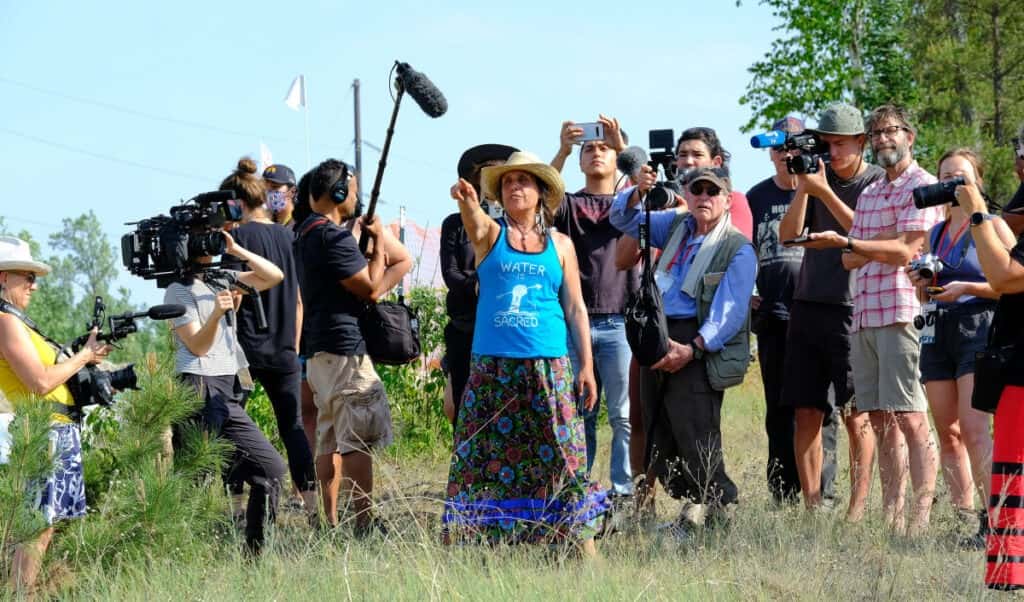 Winona LaDuke, White Earth Ojibwe and director of Honor the Earth, an Indigenous environmental advocacy organization, takes journalists on a tour of Enbridge's Line 3 construction sites near Park Rapids, Minnesota, on June 7, 2021. (Photo by Mary Annette Pember/ICT)