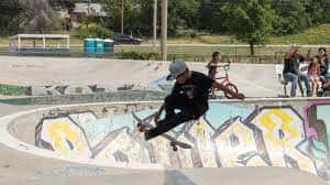 A young boy completes a skateboarding trick on Friday, Aug. 4, while practicing for the 2023 Toby Classic on the Pine Ridge Indian Reservation. (Amelia Schafer, ICT)