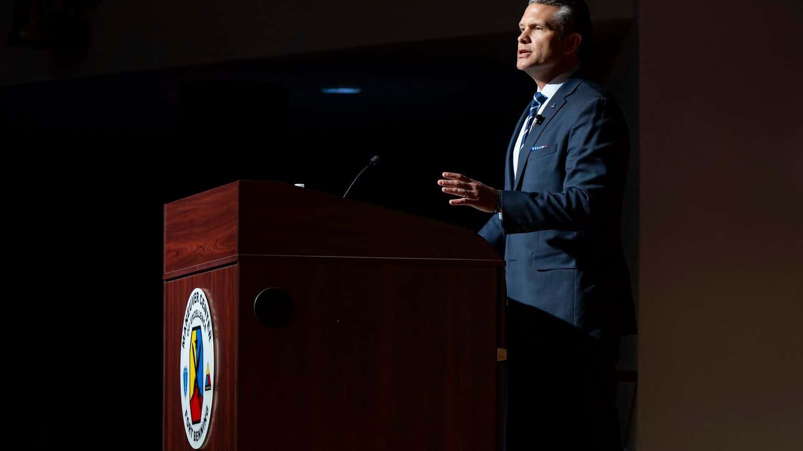 U.S. Defense Secretary Pete Hegseth speaks at an officer candidate school graduation at Fort Benning, Georgia, Sept. 4, 2025.