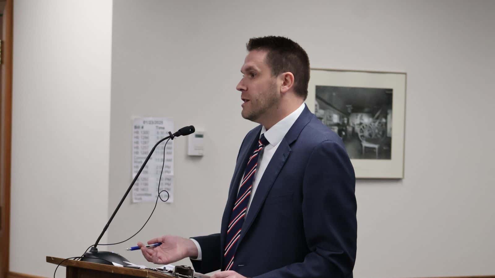 North Dakota Secretary of State Michael Howe speaks in opposition to a bill to require voter registration in North Dakota on Jan. 23, 2025.