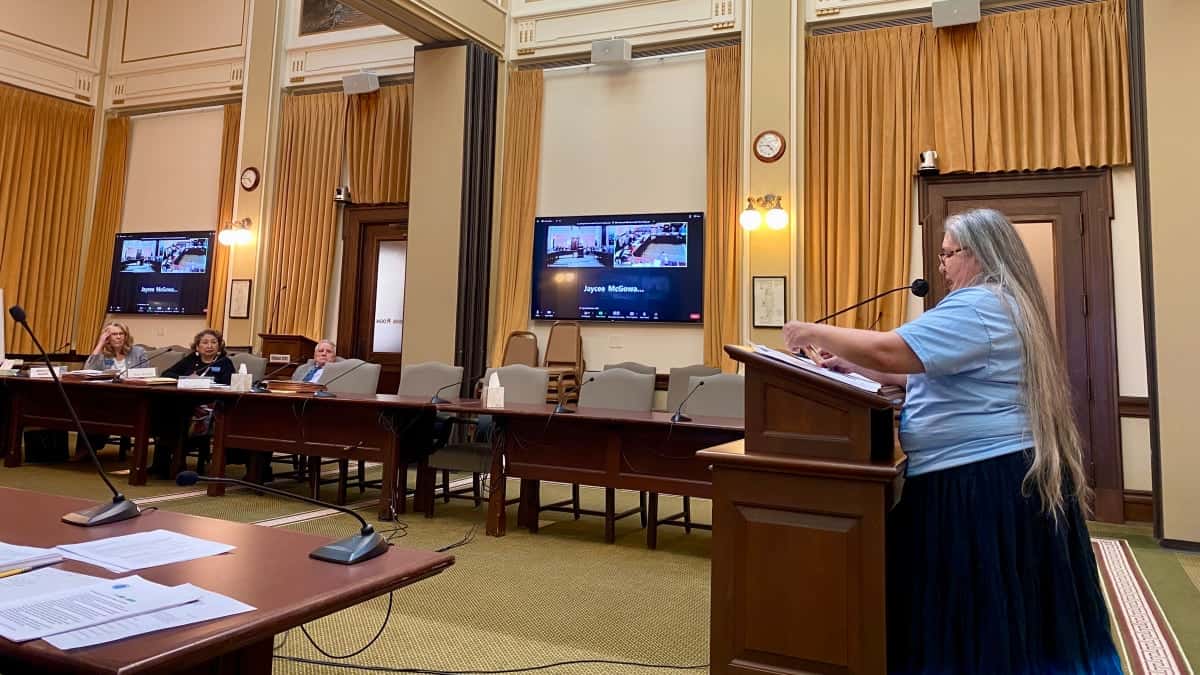 Roberta Duckhead Kittson Nyomo spoke in support of the Montana Indian Child Welfare Act, House Bill 317, on Wednesday, March 22, 2023 in Helena, Montana. (JoVonne Wagner/ICT, Montana Free Press)
