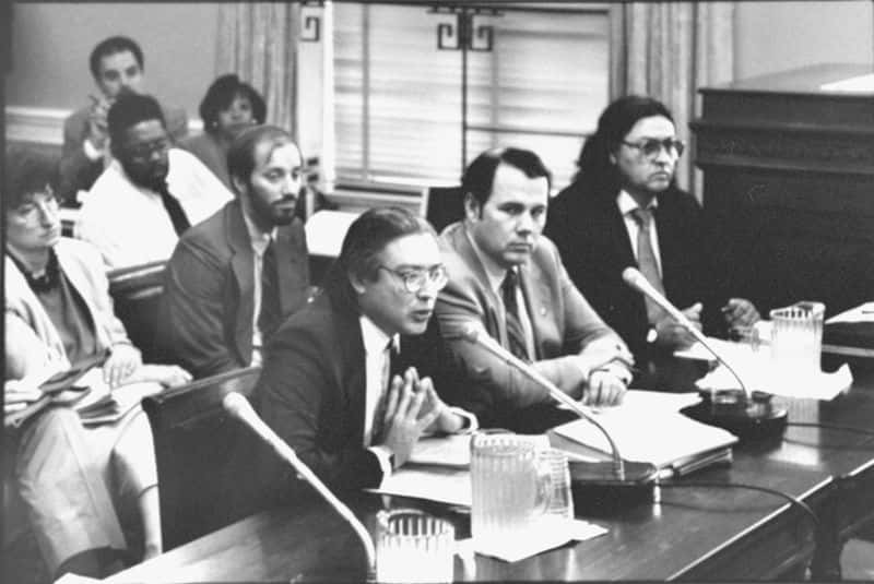 Walter Echo-Hawk, a Pawnee attorney with the Native American Rights Fund, testifies at a congressional hearing in July 1989 on the issue of repatriation. At the time, Echo-Hawk said, “Desecration and expropriation of Native graves, dead bodies and associated burial goods is clearly the most grisly and frightening problem confronting American Indians today.” Credit:Ed Lallo/Getty Images