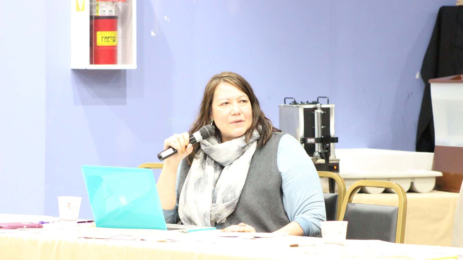 Jodi Rave Spotted Bear, executive director of the Indigenous Media Freedom Alliance, addresses members of the Great Plains Tribal Chairman's Association regarding media issues and the Great Plains tribes. 