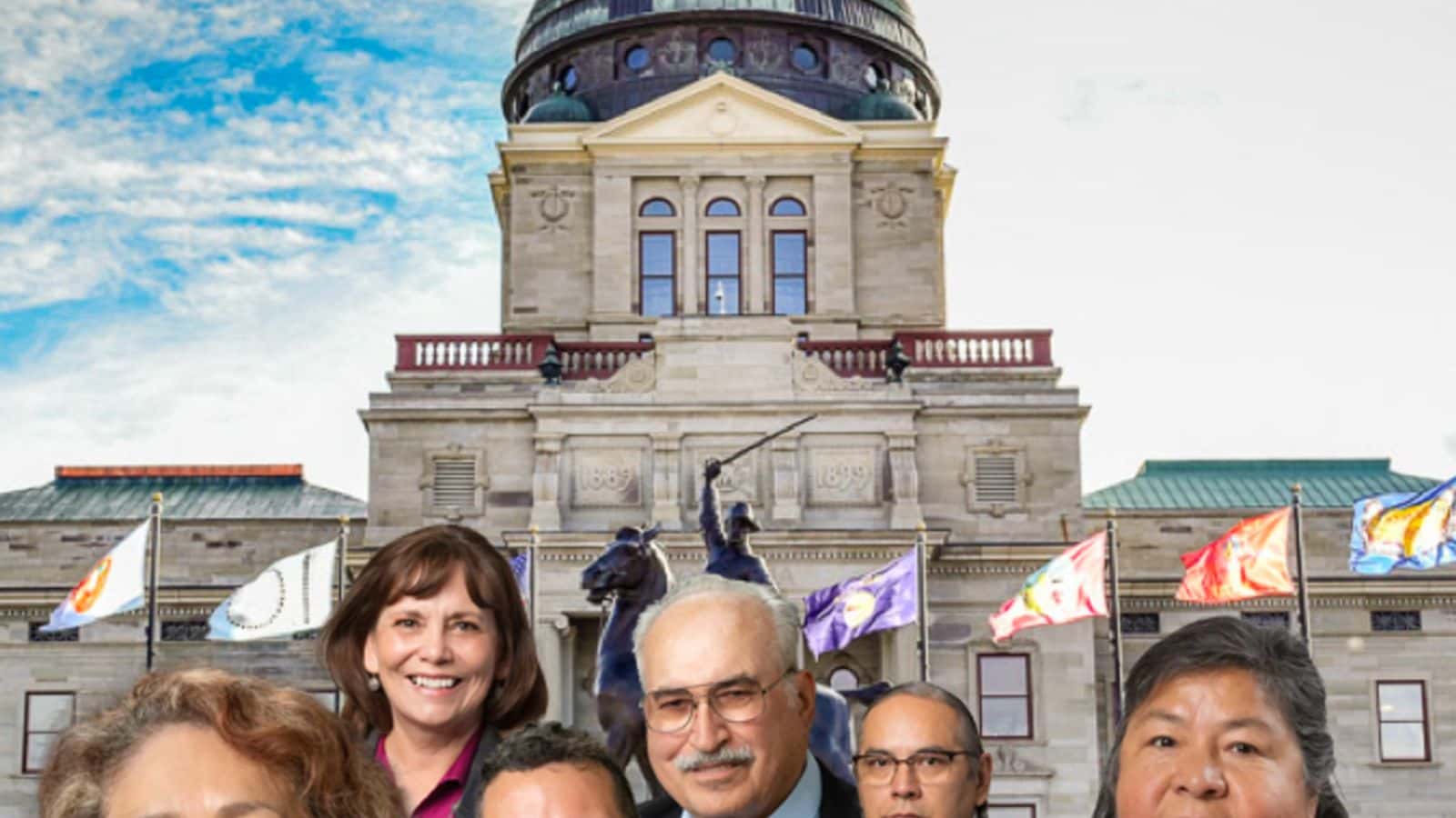 The 2023 Montana Legislature includes 11 Native American lawmakers. From left-to-right: Sen. Mike Fox, Rep. Tyson Running Wolf, Sen. Shane Morigeau, Sen. Susan Webber, Rep. Rhonda Knudsen, Sen. Jason Small, Rep. Frank Smith, Rep. Marvin Weatherwax, Rep. Sharon Stewart Peregoy, Rep. Donavon Hawk and Rep. Jonathan Windy Boy. (Photo-illustration by Stephanie Farmer, Montana Free Press. Montana Capitol photo by Eliza Wiley, Montana Free Press)