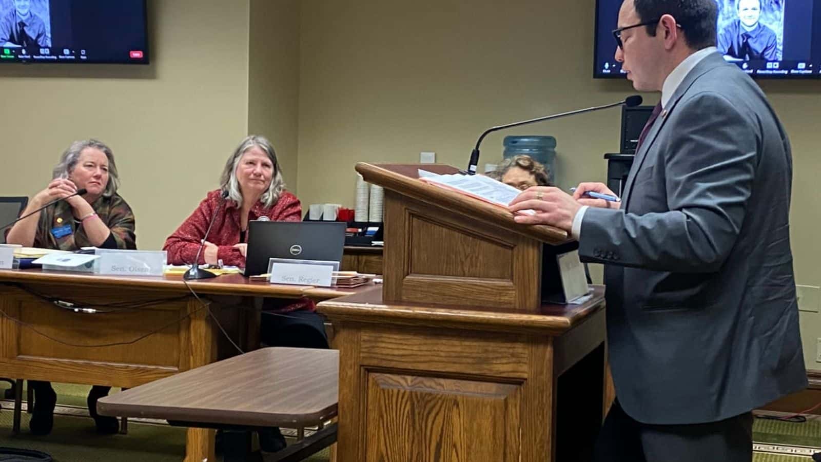 Montana Sen. Shane Morigeau, Salish, presents the details of his bill to establish Indigenous Peoples Day as a statewide holiday, replacing Columbus Day, during a public hearing in Helena, Montana Wednesday. (JoVonne Wagner/ICT, Montana Free Press)