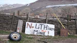 A sign opposing the proposed Thacker Pass lithium mine is displayed on Elwood Hinkey's property on the Fort McDermitt Indian Reservation in Nevada on March 11, 2022. Hinkey made the sign for his granddaughter to take to a protest camp. (Photo by Alex Milan Tracy for Underscore)
