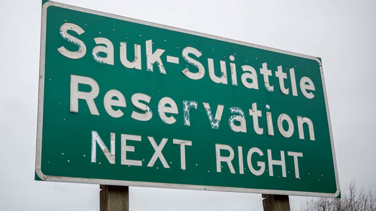 A sign near the Sauk-Suiattle Reservation in Darington, Washington on Thursday, March 23, 2023. (Annie Barker / The Herald)