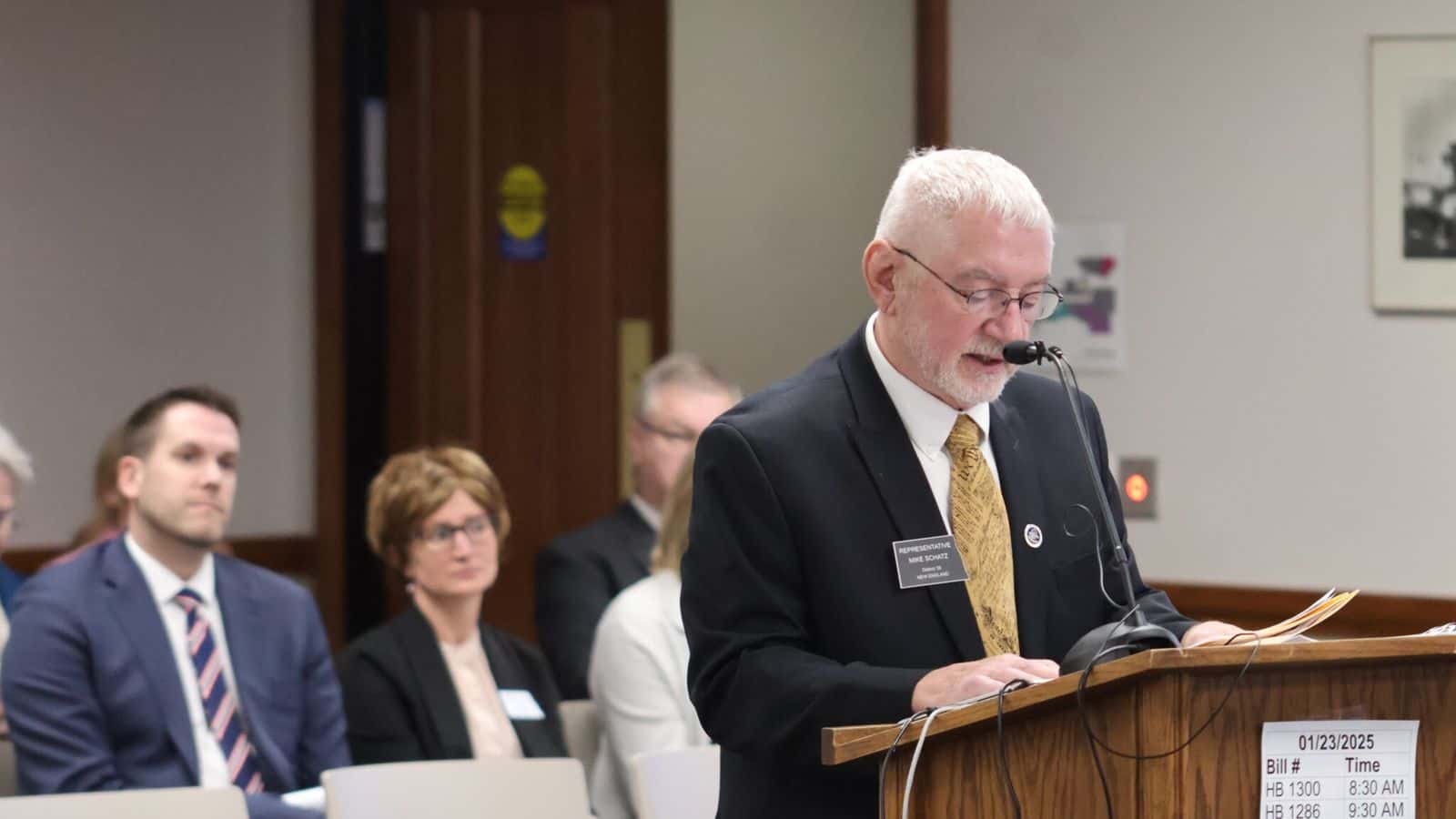 Rep. Mike Schatz, R-New England, speaks in a favor of a bill to require voter registration in North Dakota on Jan. 23. 2025. (Mary Steurer/North Dakota Monitor)