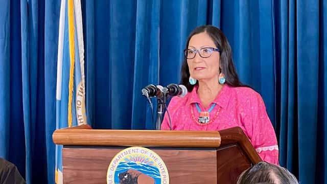 Interior Secretary Deb Haaland at the Interior Department's press conference on its federal boarding school investigation in Washington, D.C. on Wednesday, May 11, 2022. (Photo by Jourdan Bennett-Begaye, Indian Country Today)

Indian Country Today