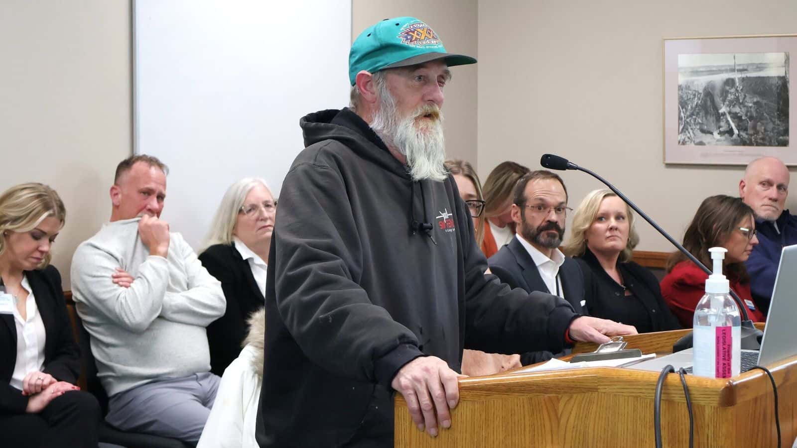  Dion Schilling speaks during a committee hearing on homelessness on Jan. 21, 2025. (Michael Achterling/North Dakota Monitor)