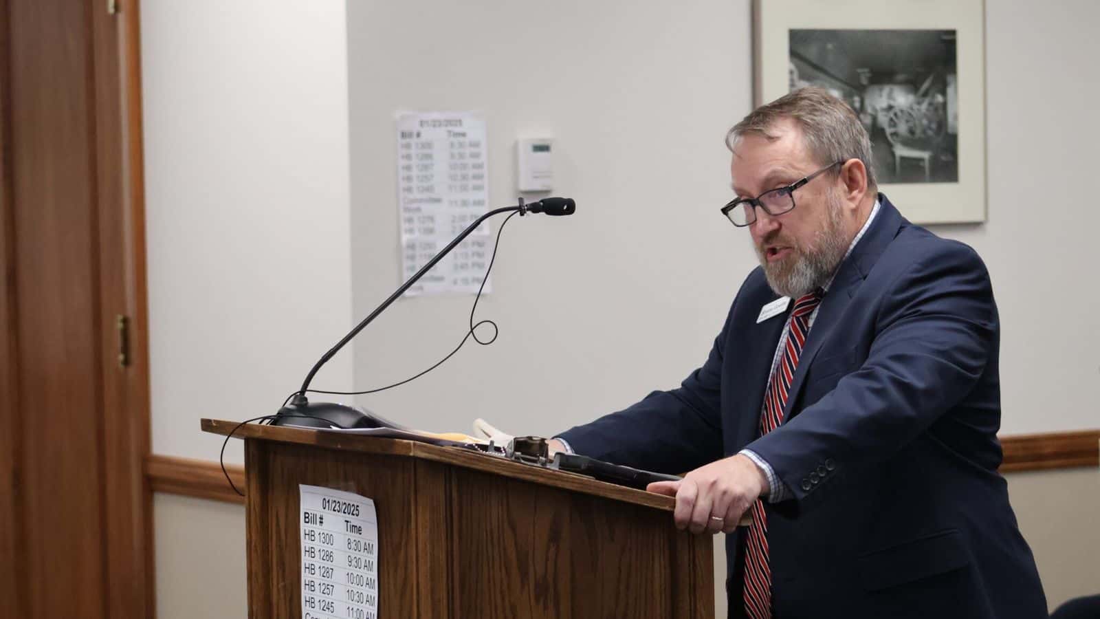 Shane Goettle, a lobbyist for Brighter Future Alliance, speaks in opposition to a bill that would require reporting on the true source of funds backing political campaigns in North Dakota on Jan. 23, 2025. He called the proposal unconstitutional and impractical.