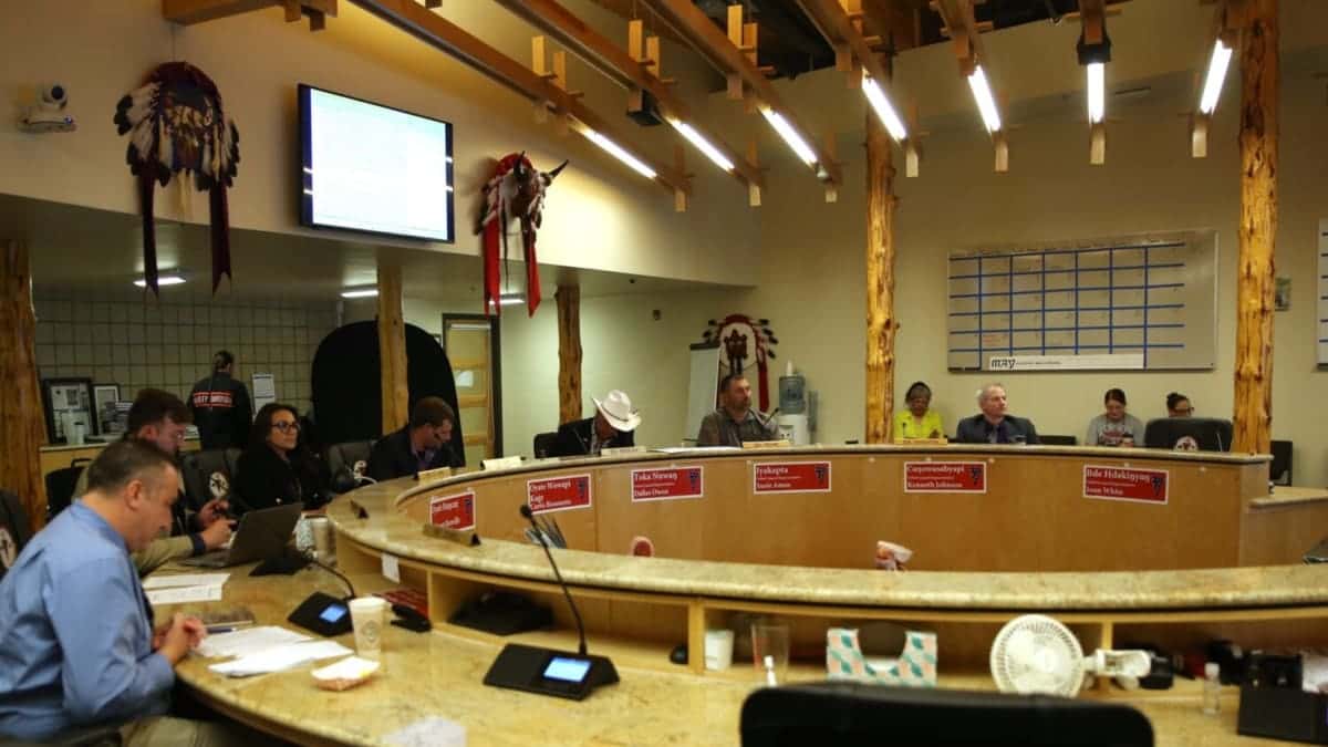 Members of the State-Tribal Relations Committee meet at the Sisseton Wahpeton Oyate headquarters in Agency Village on June 26, 2023. (Makenzie Huber/South Dakota Searchlight)