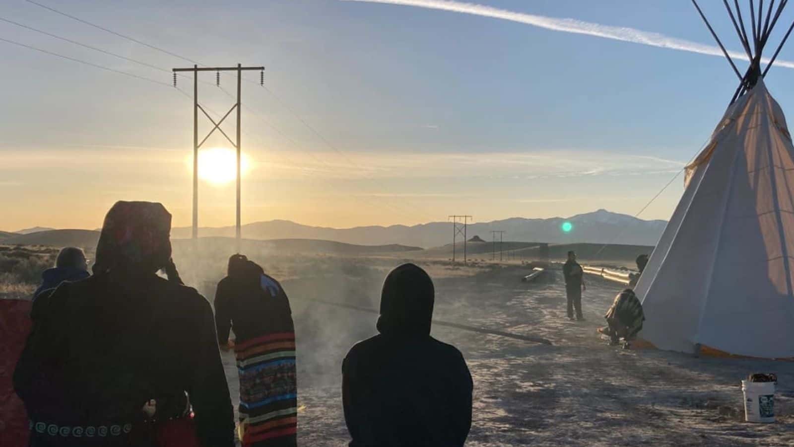 A group of land defenders blocked the public road leading to the Nevada construction site at Thacker Pass in the morning of Thursday, May 11, 2023. (Photo courtesy of Protect Thacker Pass)
