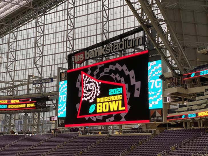 Indigenous Bowl logo on the jumbotron at U.S. Bank Stadium, Minneapolis, Minnesota (Photo by Kolby KickingWoman, Indian Country Today)