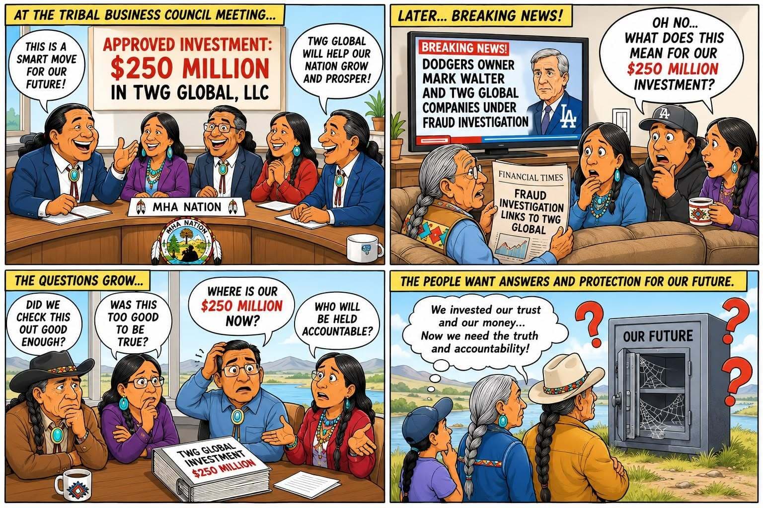 Editorial cartoon about the MHA Nation's $250 million investment in TWG Global and questions about accountability