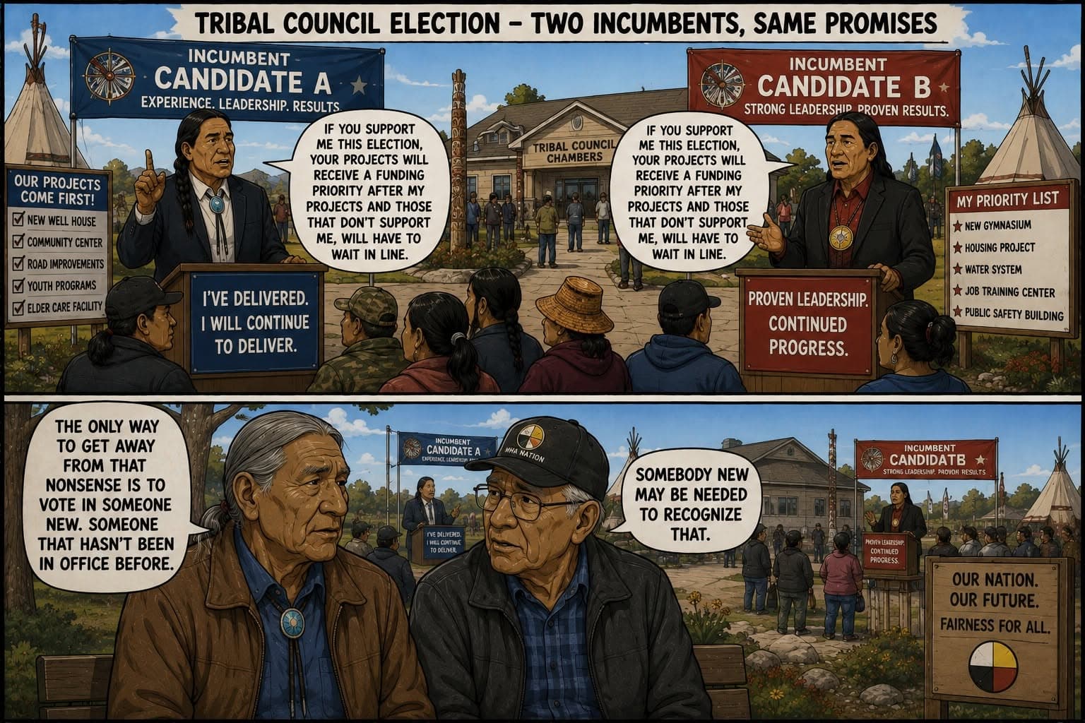 Editorial cartoon about a tribal council election and a call for new leadership