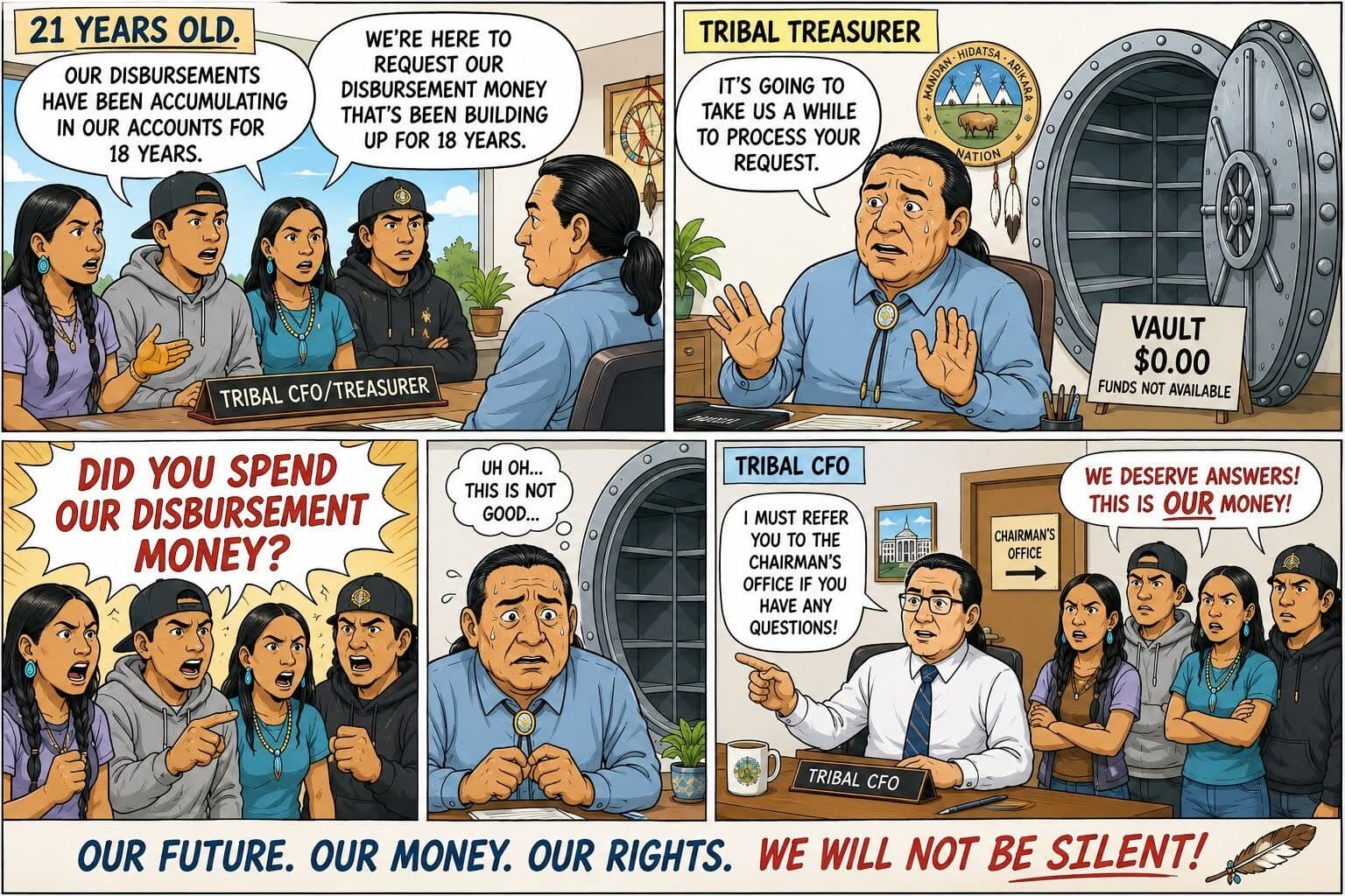 Editorial cartoon about young tribal members seeking answers about accumulated disbursement funds