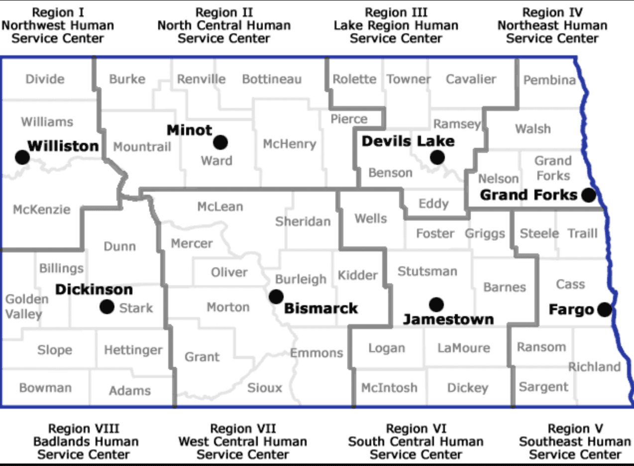 A map of the eight Human Service Center regions across North Dakota. From the Department of Health and Human Services.