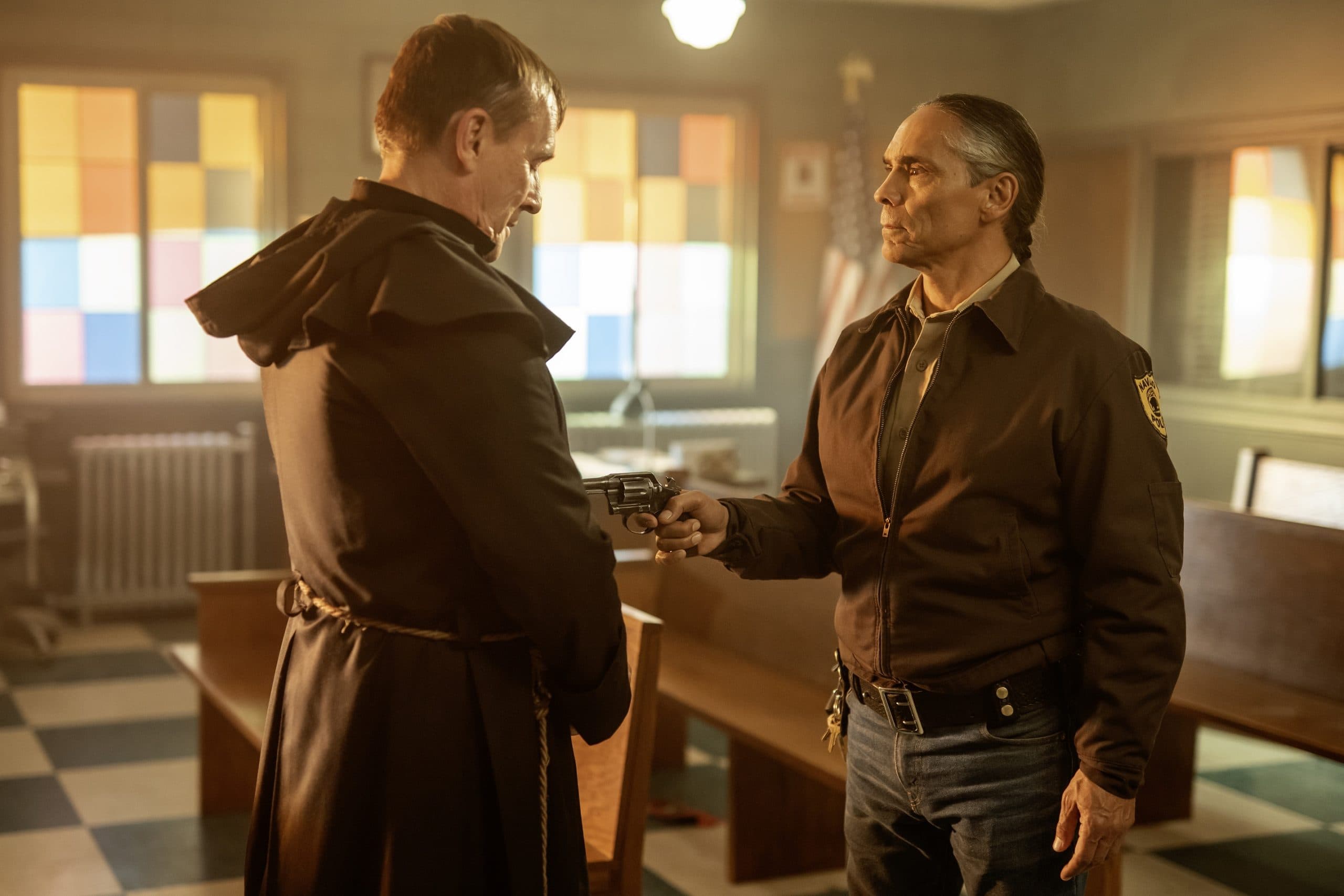 Navajo Police Lt. Joe Leaphorn (Zahn McClarnon) confronts the priest (Robert Knepper) who abused his cousin in the sixth episode of Season 3.